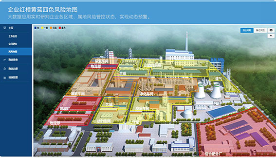 企業(yè)風(fēng)險(xiǎn)分級(jí)四色分布圖，動(dòng)態(tài)展現(xiàn)風(fēng)險(xiǎn)管控結(jié)果，安全隱患實(shí)時(shí)提醒，風(fēng)險(xiǎn)管控狀況及時(shí)預(yù)警。